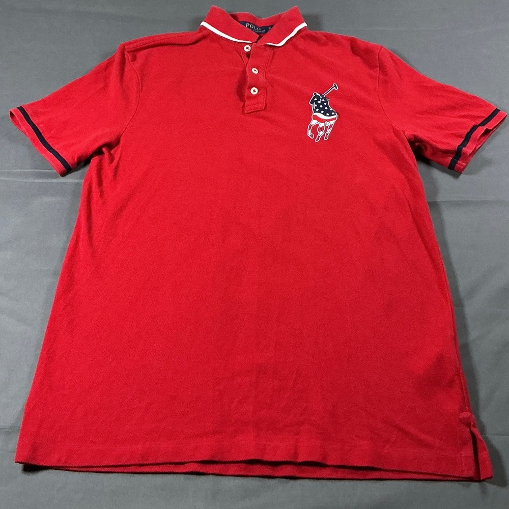 Polo Ralph Lauren Mens Red Big Pony American Flag Polo Shirt Classic Fit Small